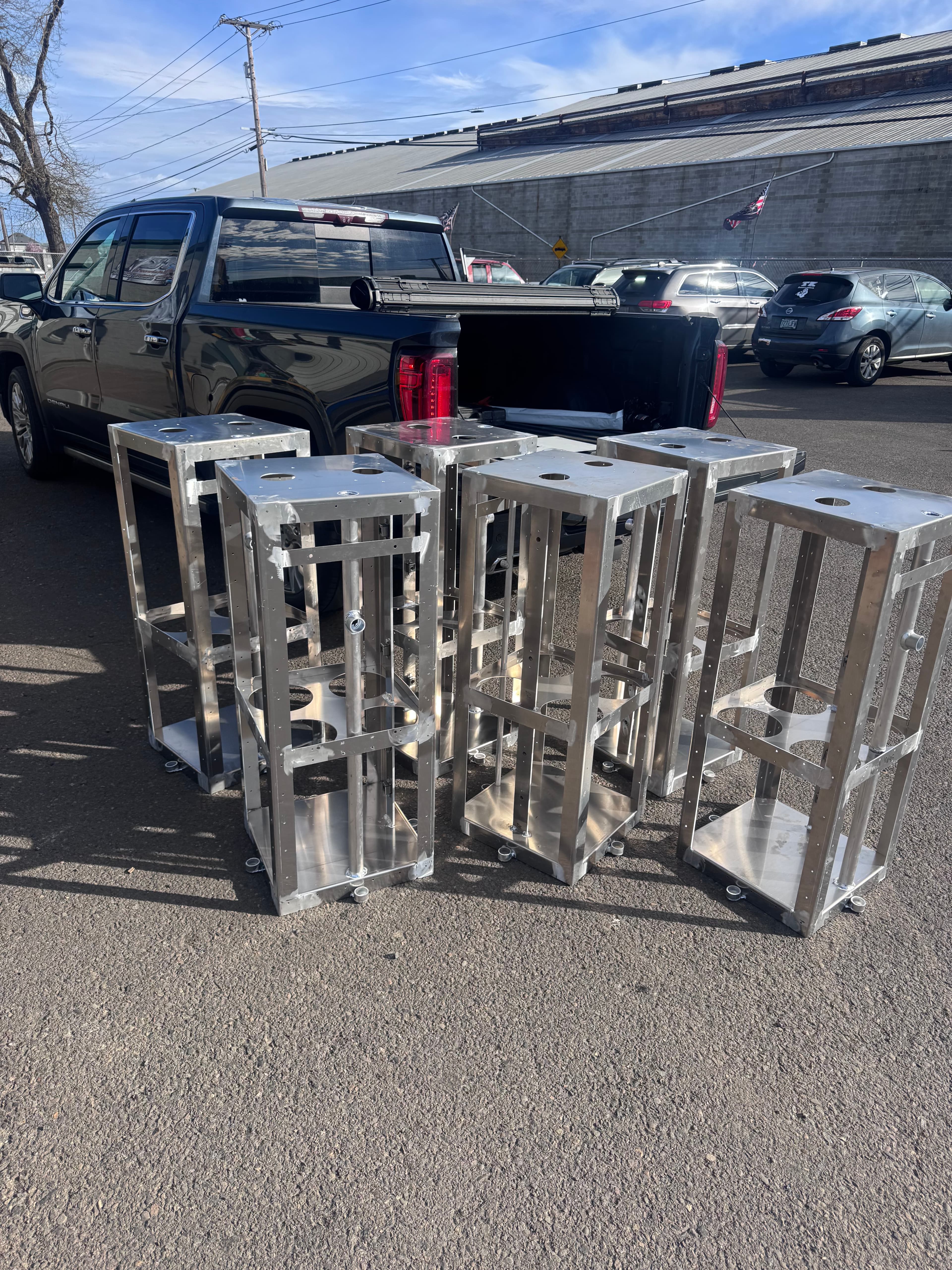 Batch of welded SquareVac steel frames stacked and ready for assembly